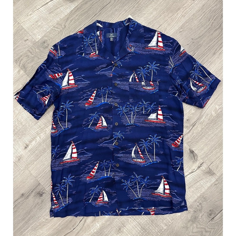 Men's Hawaiian Button-Up Shirt – Blue Sailing & Palm Tree Print (Size M)